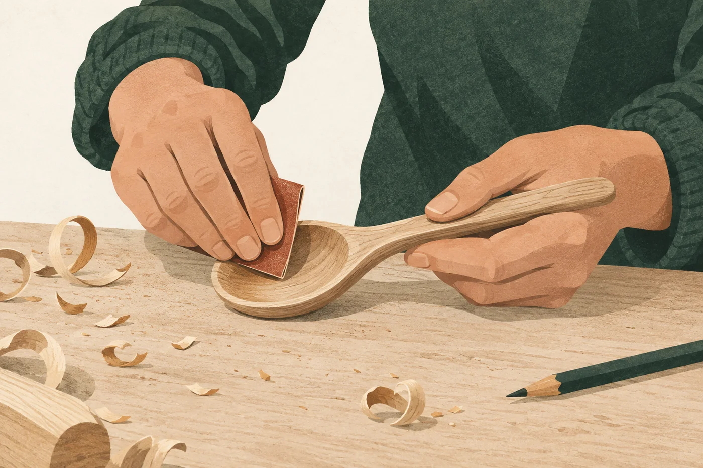 Handen schuren een houten lepel, tussen houtkrullen op een werkbank.