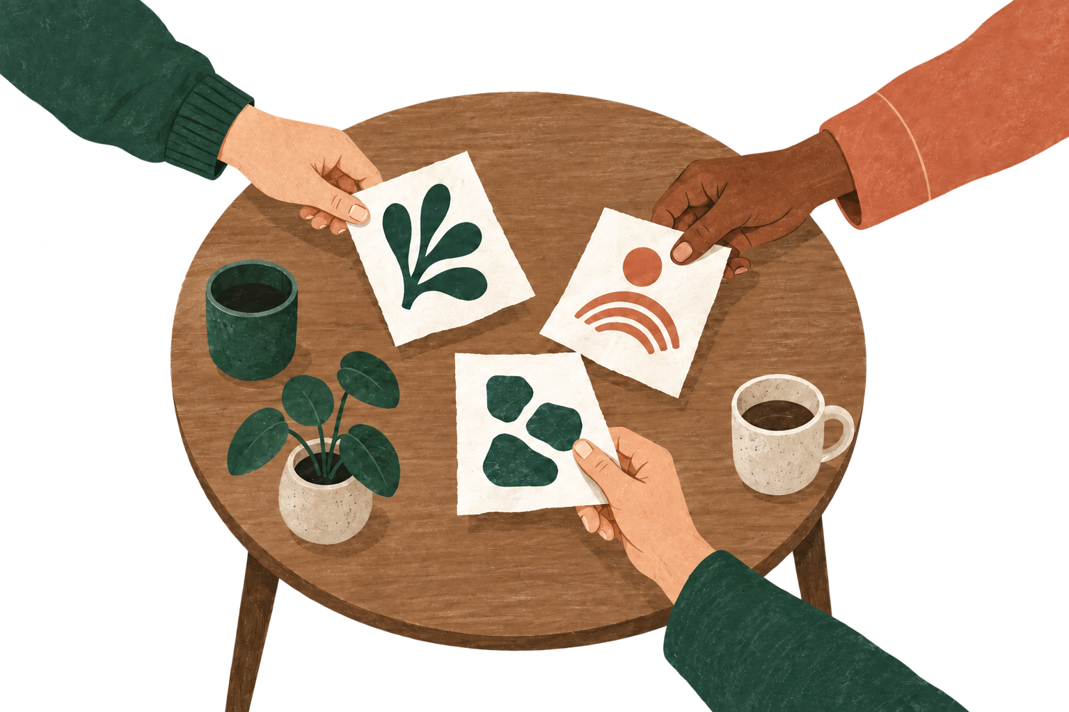 Illustratie: drie mensen leggen verschillende vormen op een gedeelde tafel.
